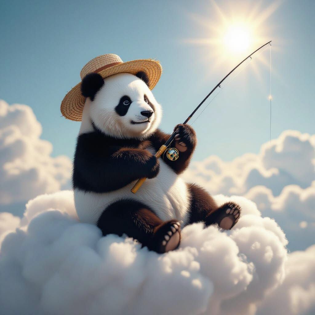 White Panda Fishing on Cloud in Ethereal Sky