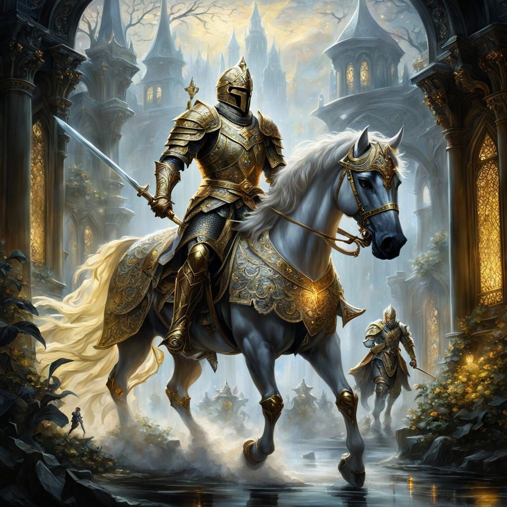 White Knight Charges Forward in Golden Armor