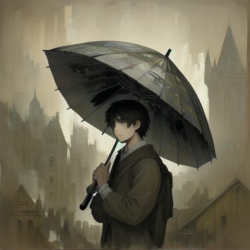 Young Boy Under Papier-Mâché Umbrella, Traditional Art Techn...