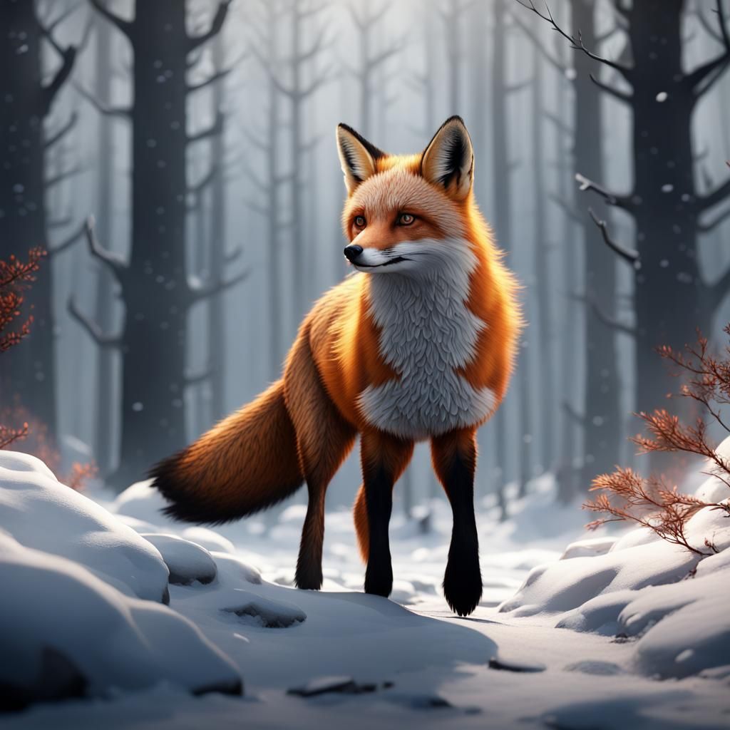 Red Fox in Snowy Forest Stream: Fantasy Art