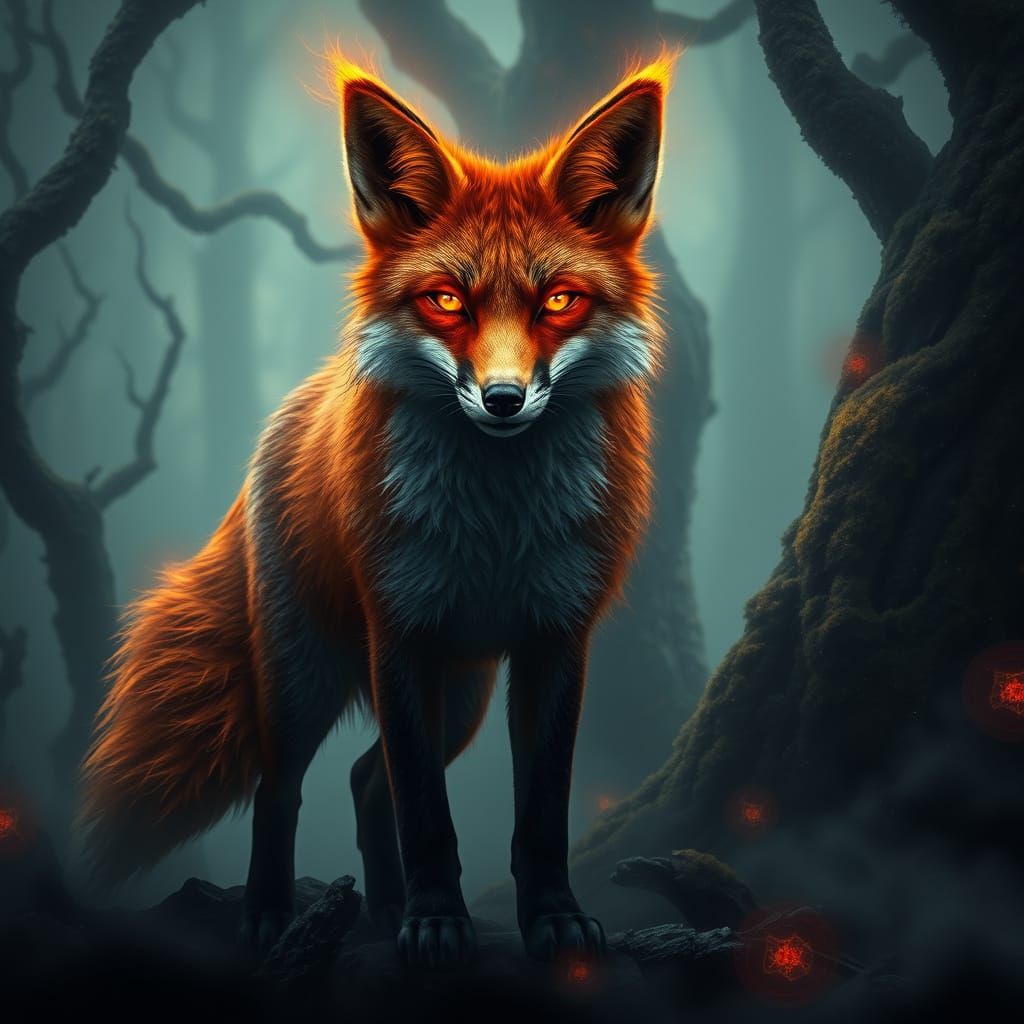 Fiery Fox in Mystical Forest, Dark Fantasy Art
