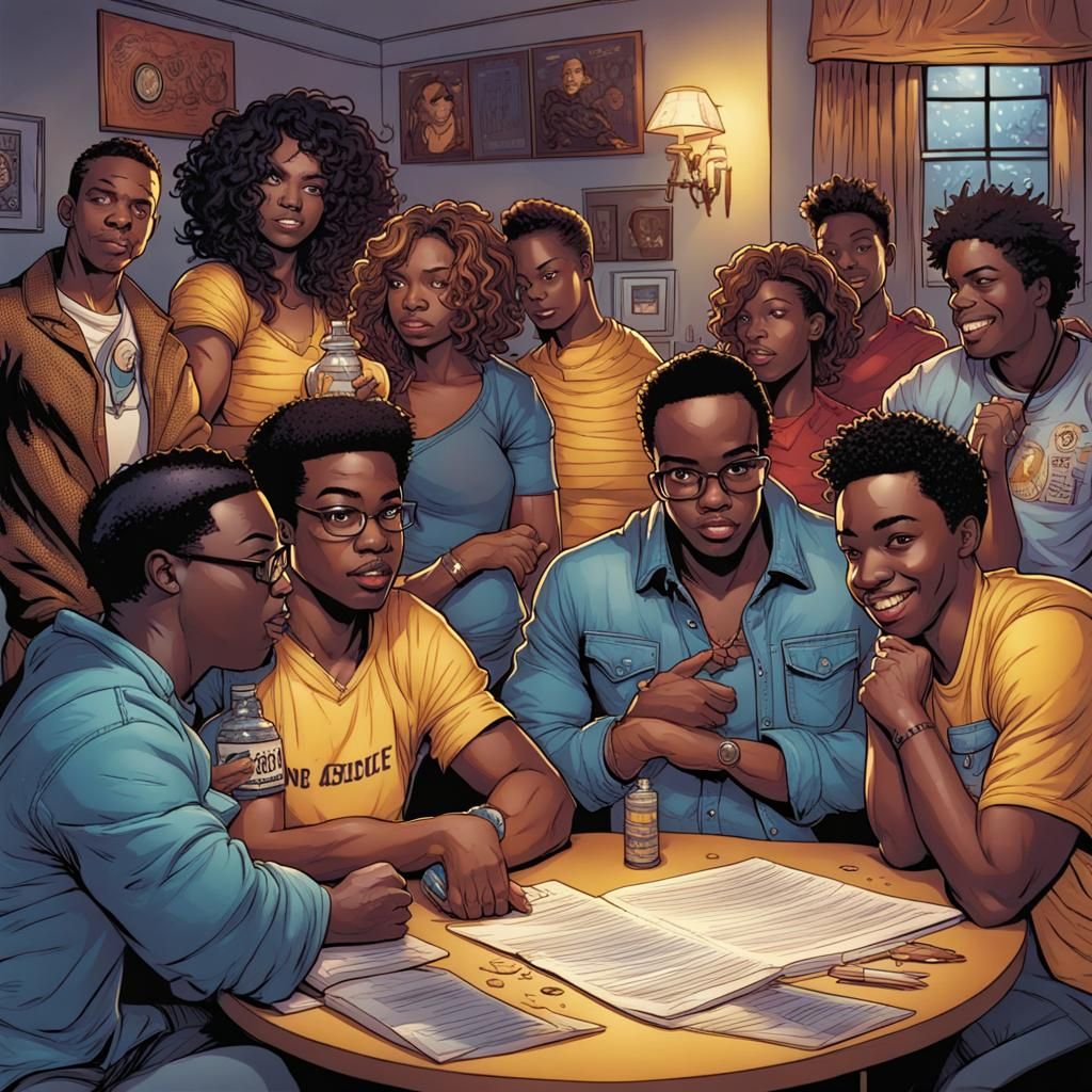 Black people spelling bee contest at a house party.