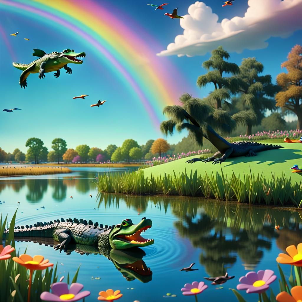 Vibrant Claymation Alligator in Whimsical Fantasy Landscape