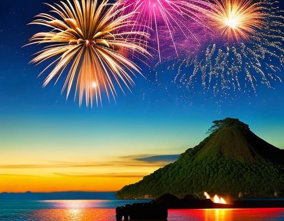 Tropical Island Fireworks at Night