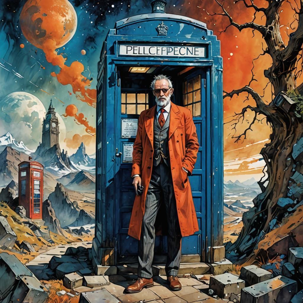 Eccentric Man at Phone Box on Alien Planet