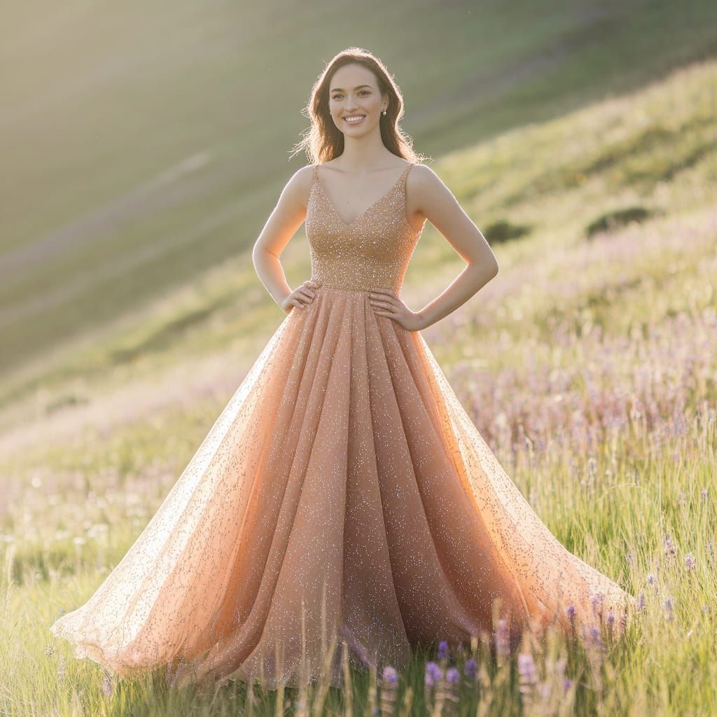 Woman in Sunlit Meadow with Flowing Dress