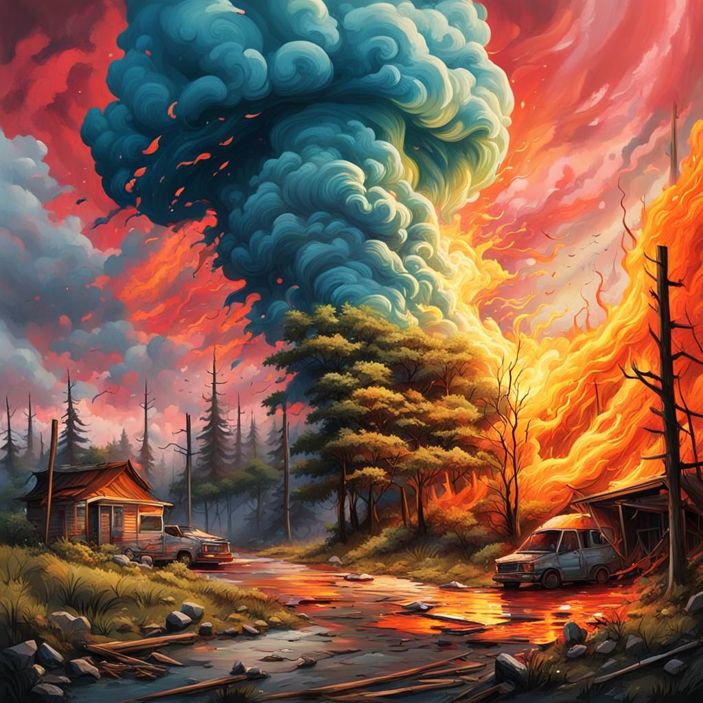Tornado Meets Forest Fire in Graffiti Art Style
