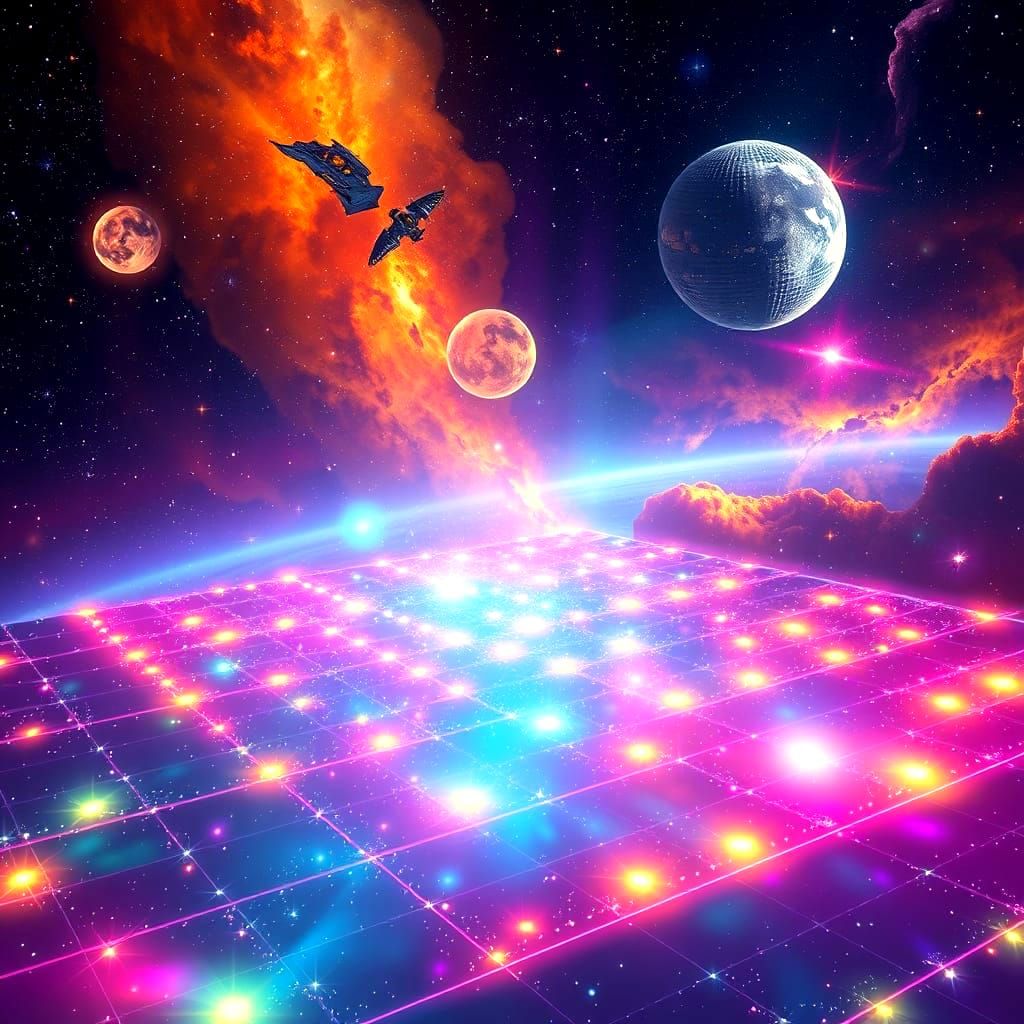 Vibrant Disco Ball Moon Soars Over a Glowing Space Floor