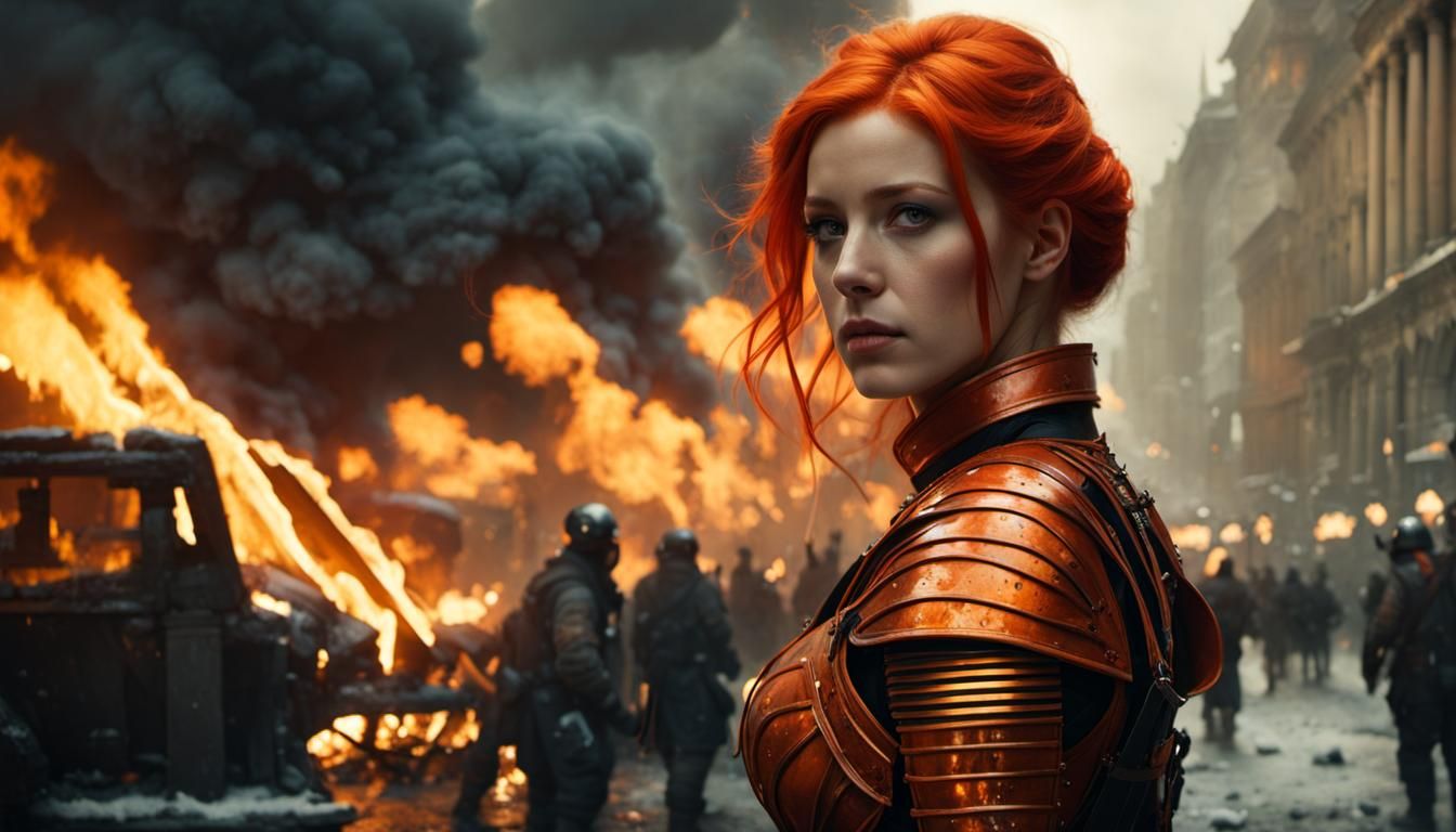 Orange-Haired Warrior in Hyperrealistic Mixed-Media Style