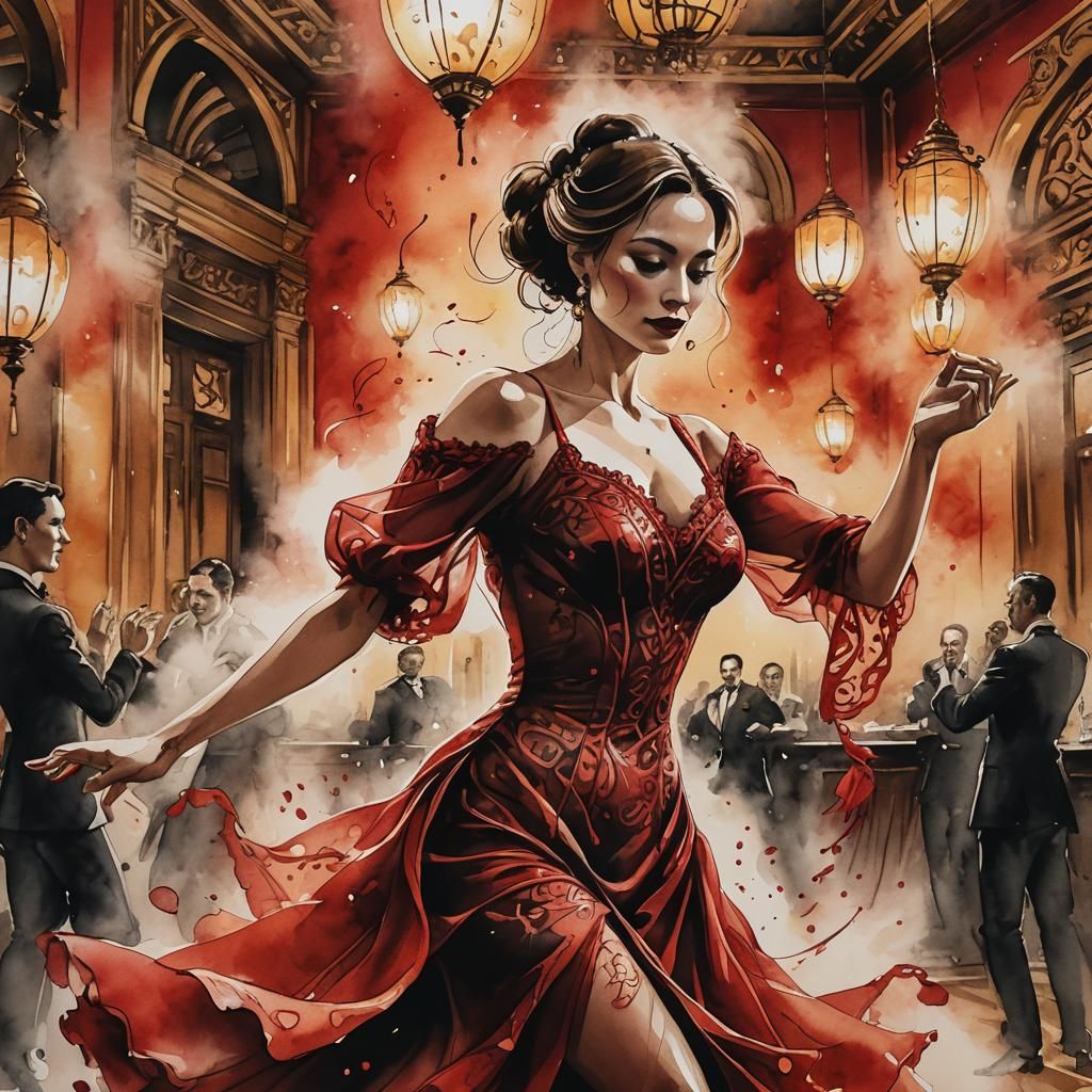 Elegant Tango Dancer in Ink Painting Style