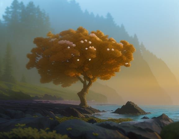 Volumetric Lighting Hydrangea Tree on Rocky Shoreline in Unr...