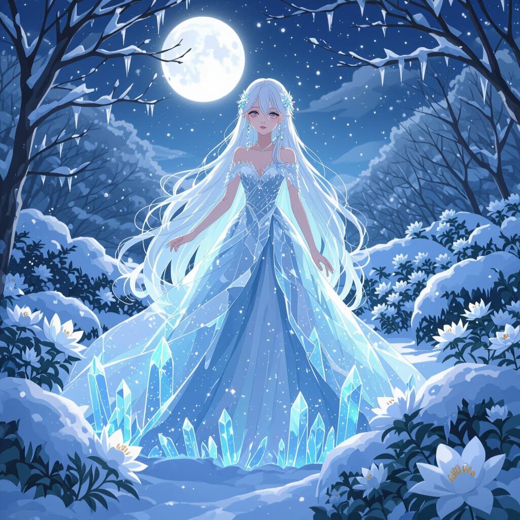 Anime Girl in Ice Garden, Dreamy Fantasy Style