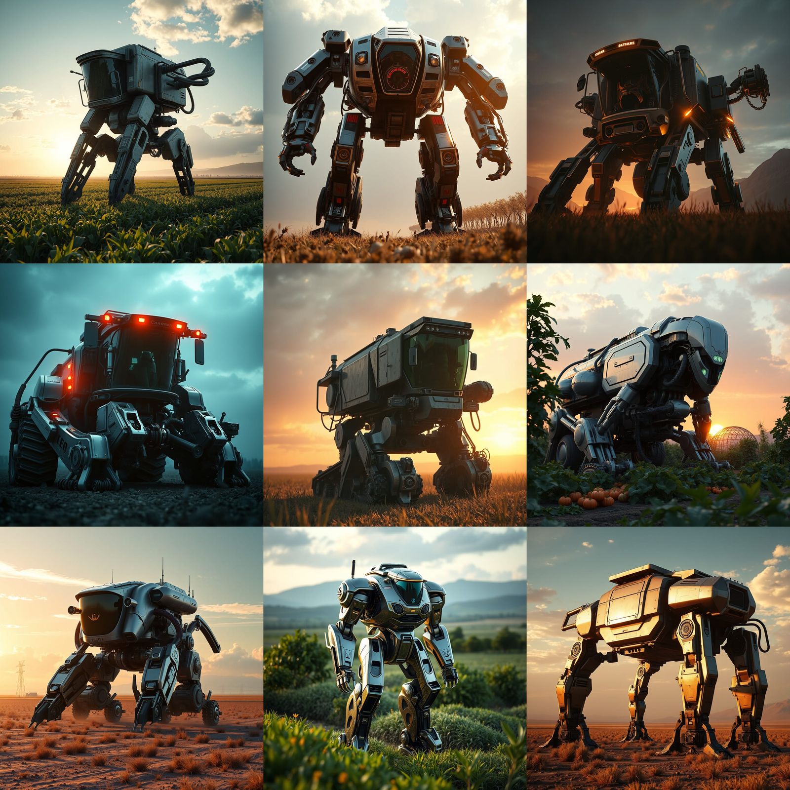 Futuristic Farming Mech Ground Level Shot in 8K