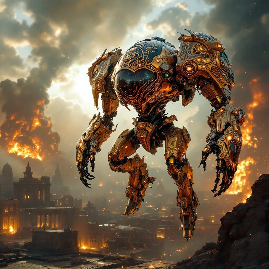 Gold-and-Red Art-Deco Battle-Mech Hovers Above a Ravaged Ali...