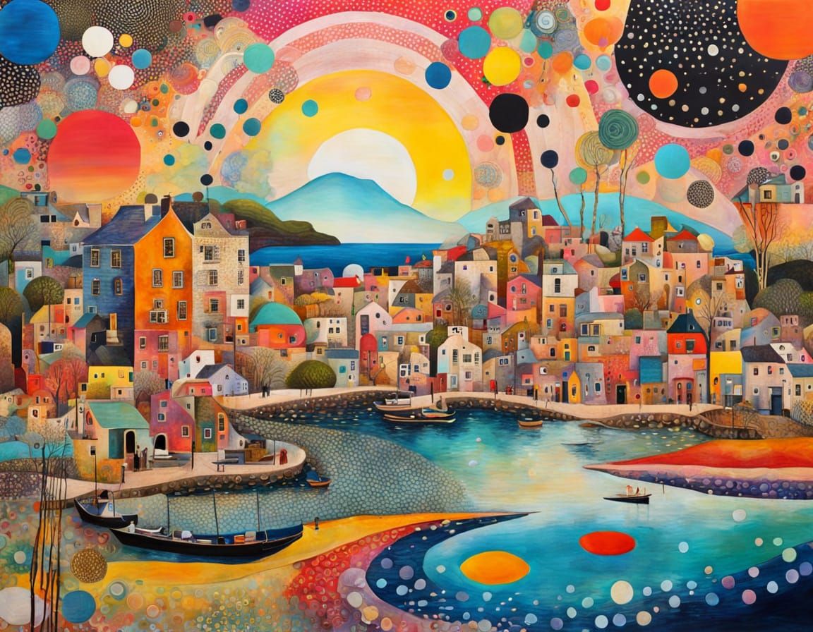 Surreal Seascape Village at Sunset in Maximalist Style