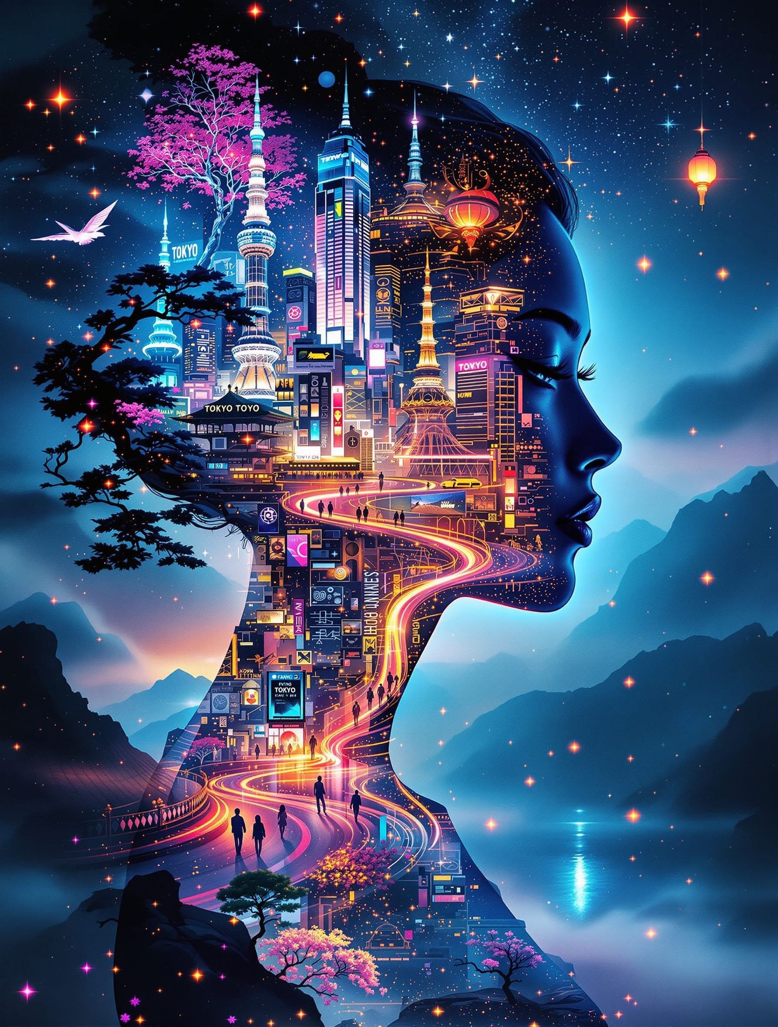 Futuristic Tokyo Inside Woman's Silhouette, Dreamy Surrealis...