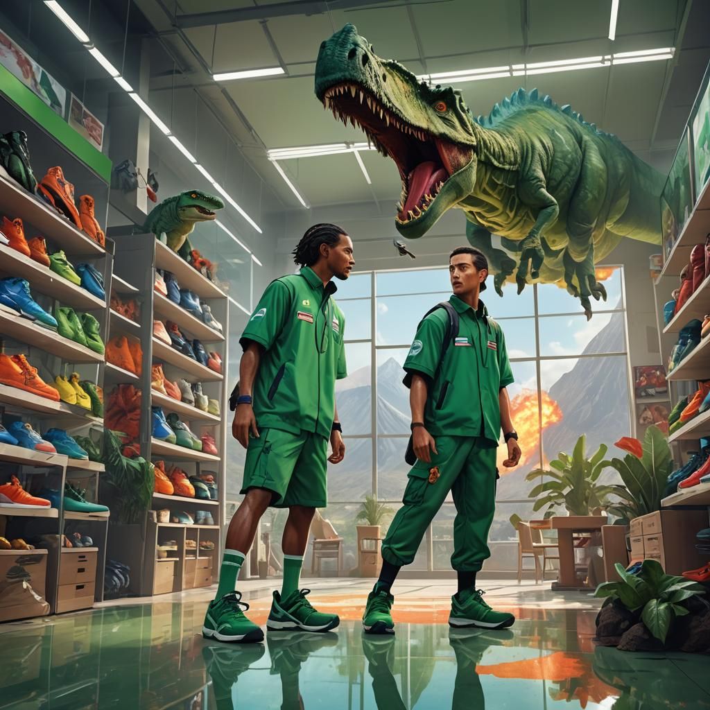 Modern Shoe Store with Volcanic Eruption, Hyperrealistic Art