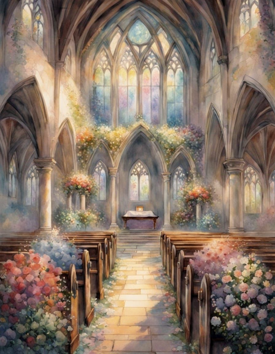 Watercolor Church Aisle with Flowered Arch