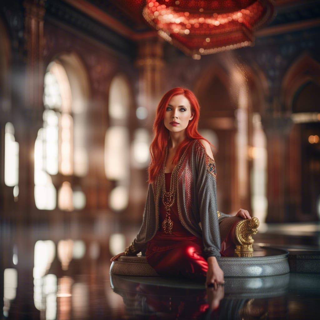 Oriental Palace Interior with Red-Haired Djinn Woman