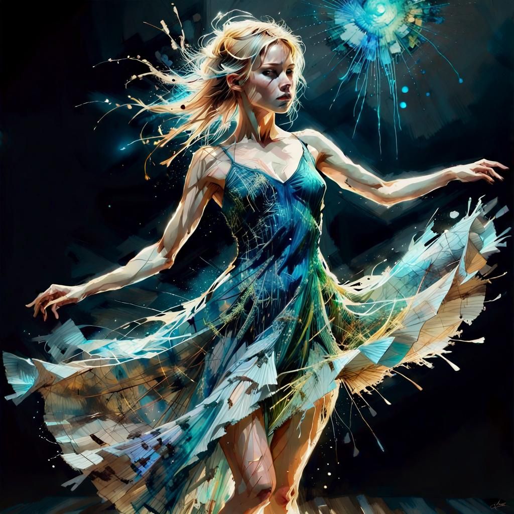 Bioluminescent Woman Dancing in Watercolor Style