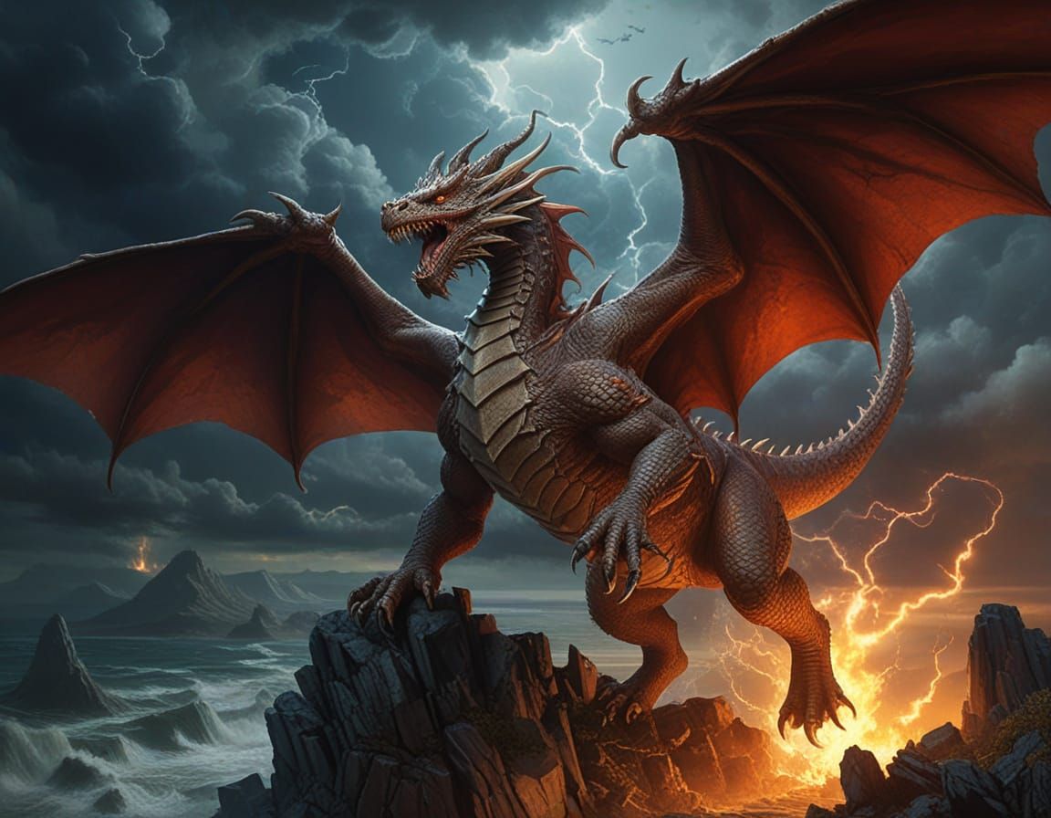 Chaotic Dragon Soaring Through Stormy Sky