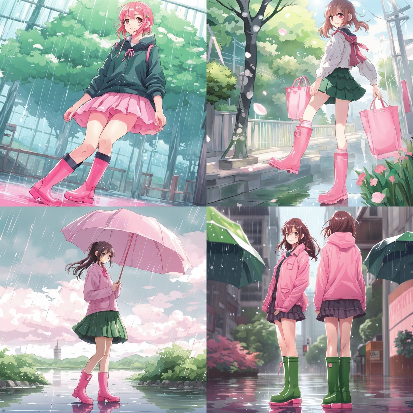 Anime Style Woman in Pink Boots and Green Skirt