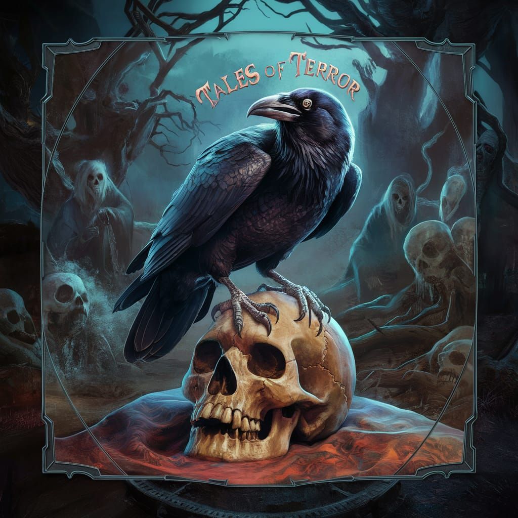 Raven on Skull in Haunted Landscape, Digital Art