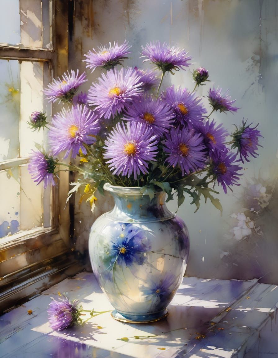 Watercolor Portrait of Purple Asters in Marble Vase