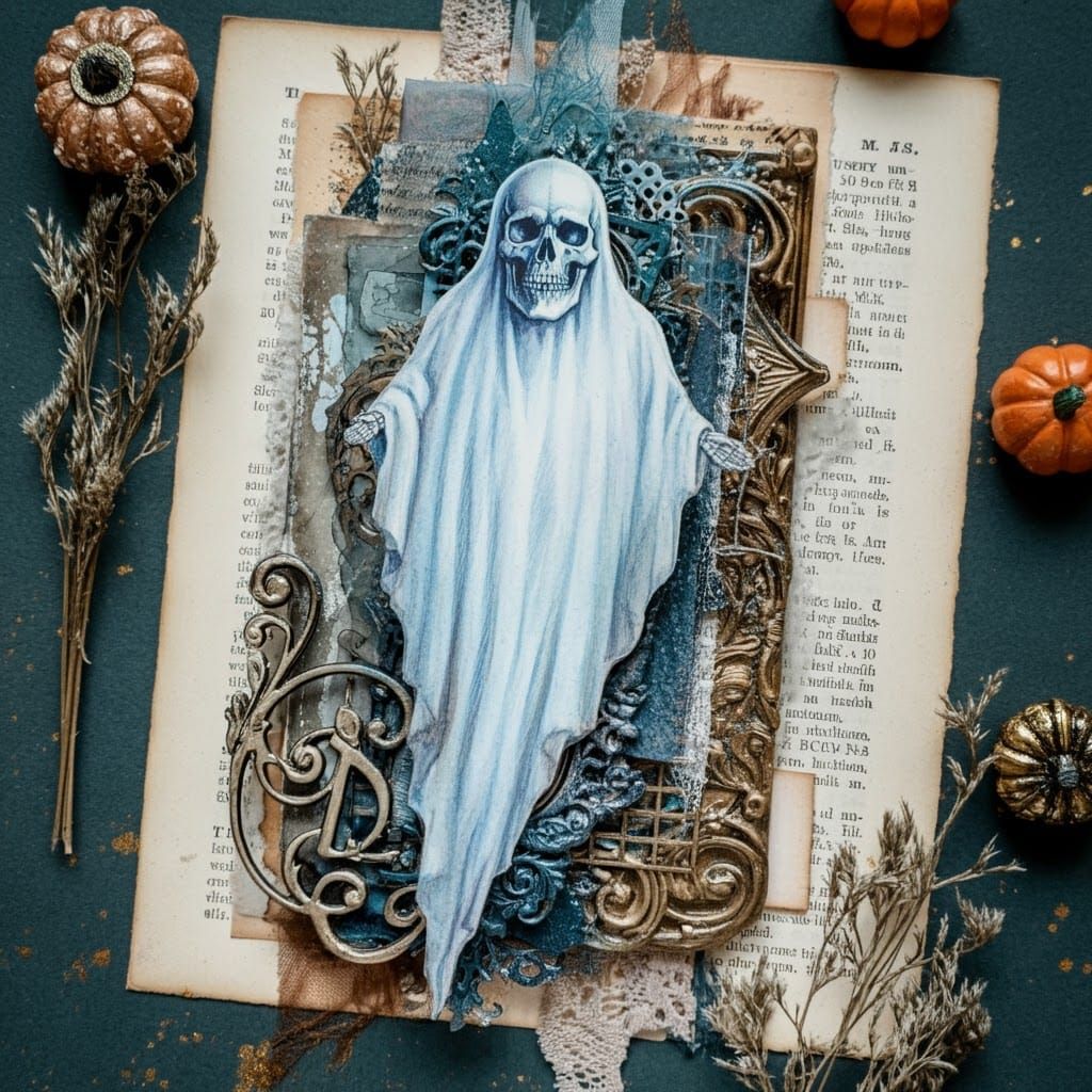 Haunted Halloween Scene in Vintage Watercolor Style