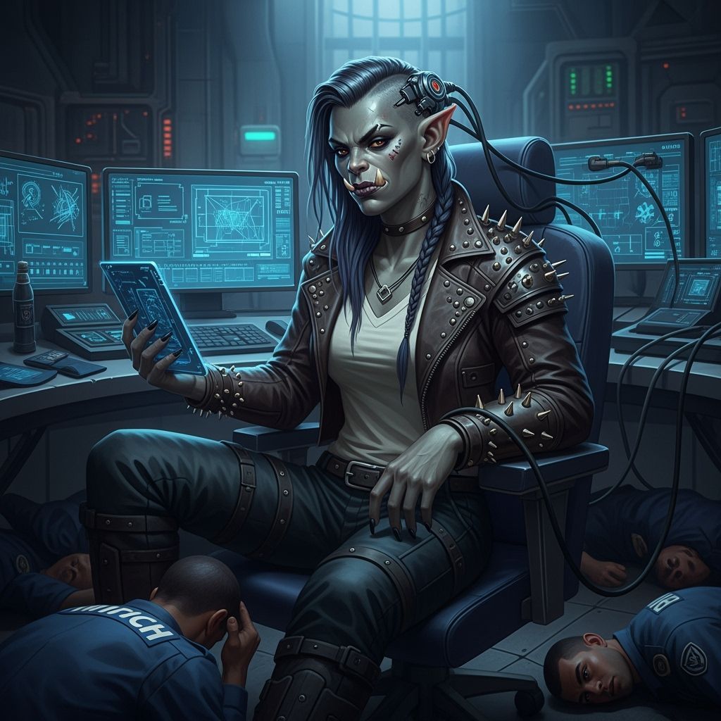 Orc Hacker Steals Secrets in Futuristic Room