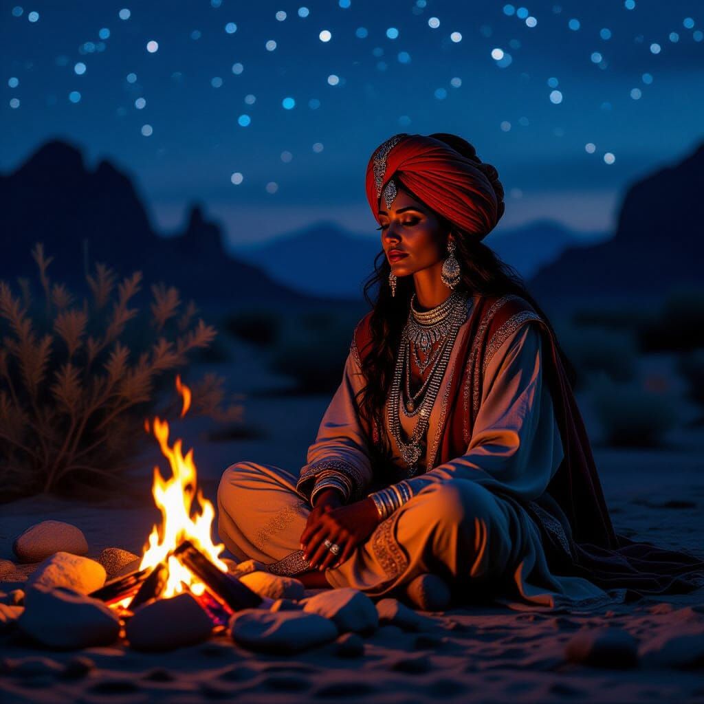 Desert Nomad Woman by Campfire Under Starry Sky
