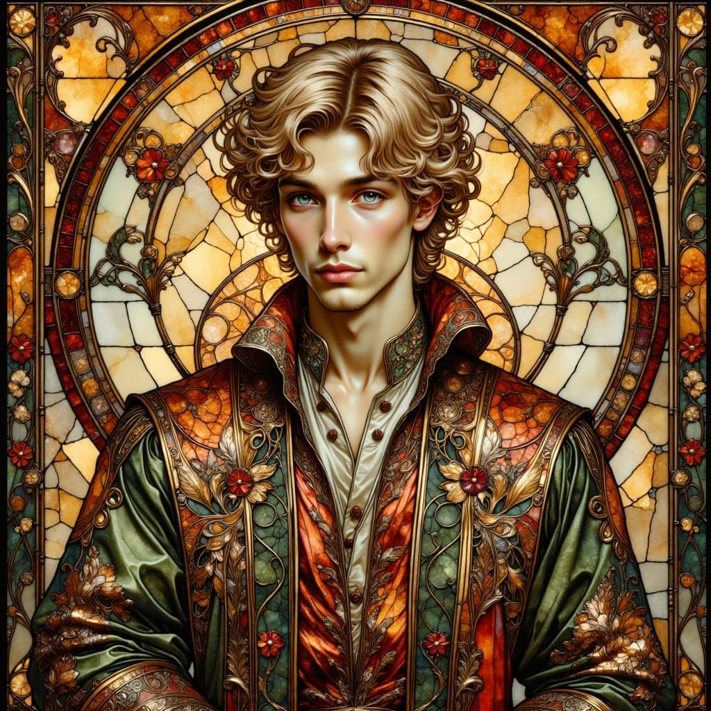 Art Nouveau Young Man in Stained Glass Window