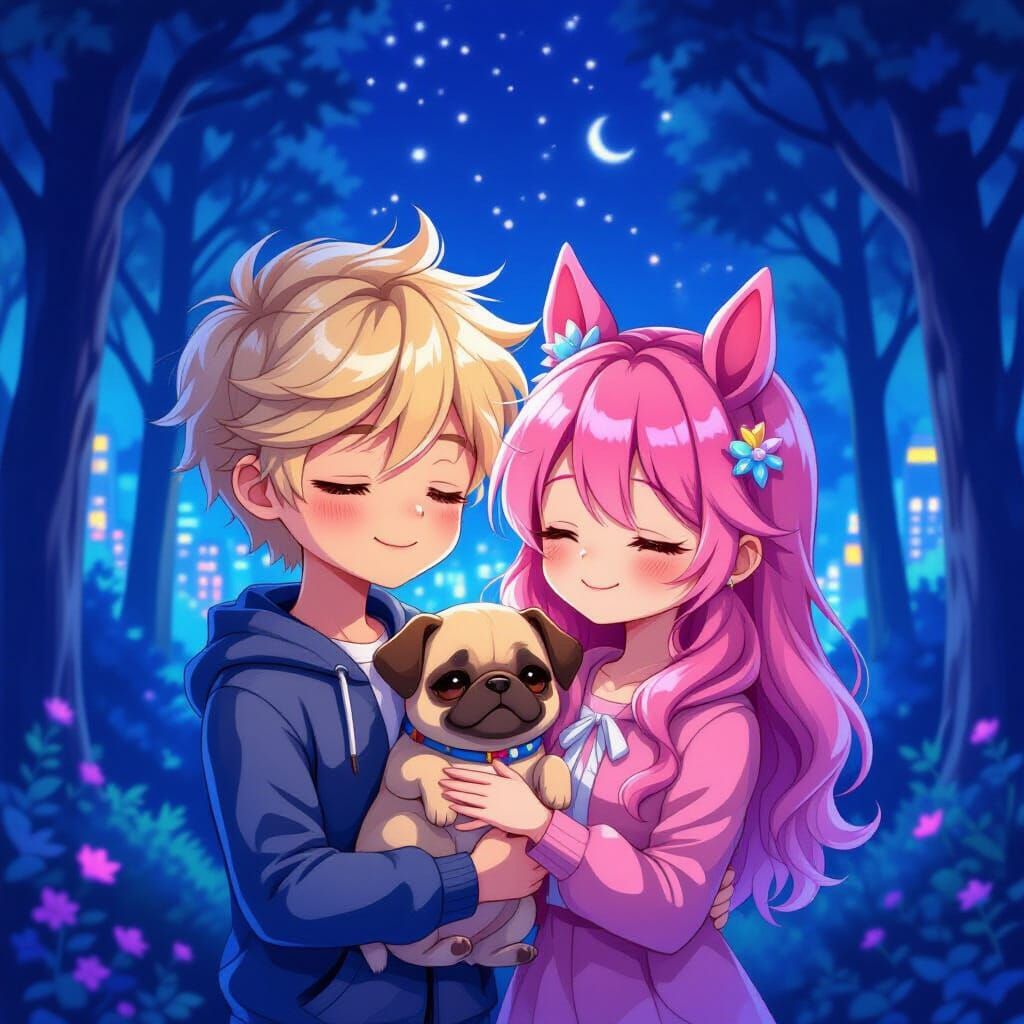 Anime Boy and Girl with Puppy in Mystic Forest