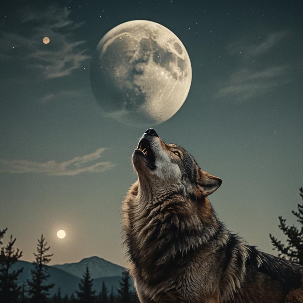 Dramatic Wolf Howling at Moon, Cinematic Still
