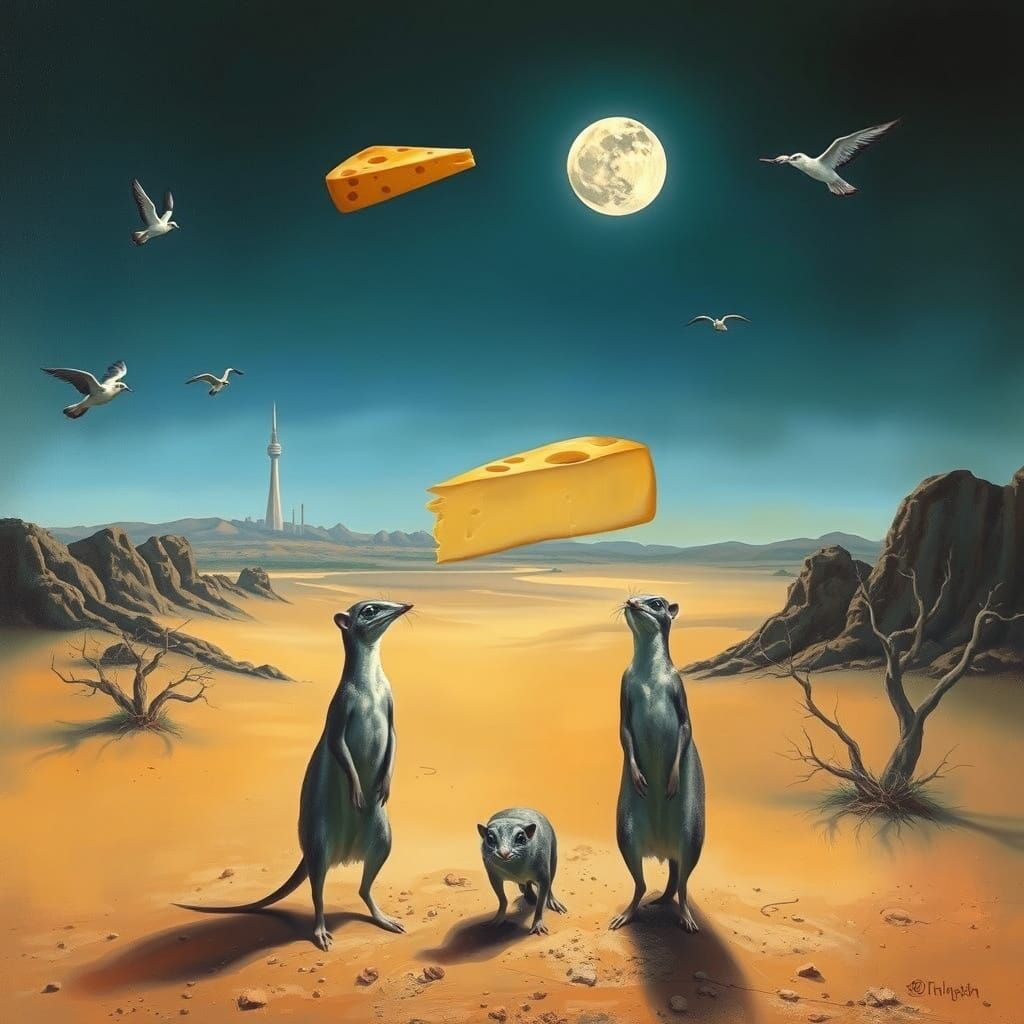 Surreal Desert Weasels Under Flying Cheese