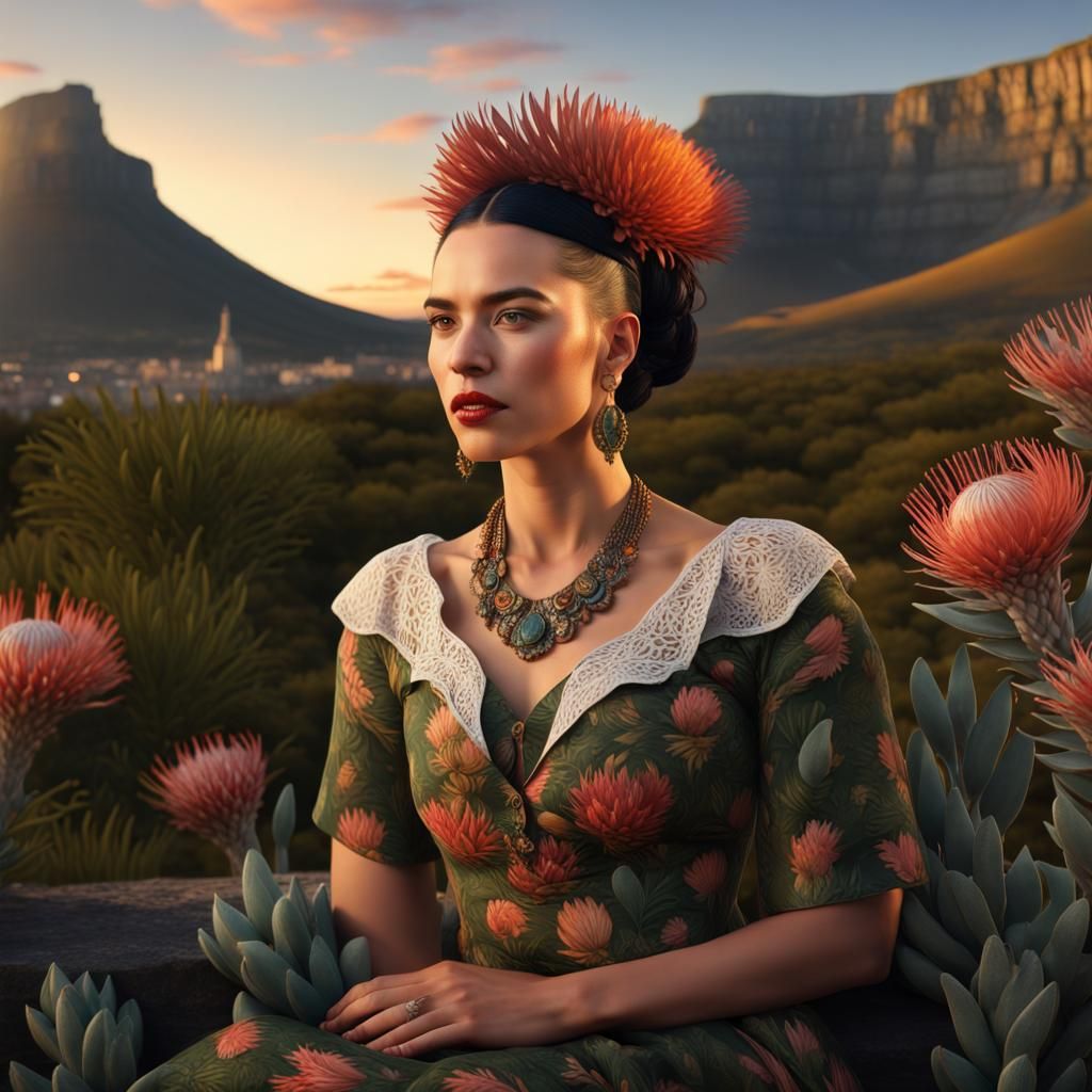 Hyperrealistic Portrait with Fynbos in Frida Kahlo Style
