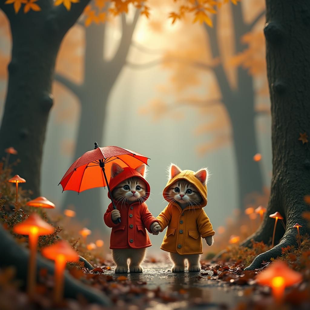 Kittens Strolling Through Autumn Forest with Umbrella