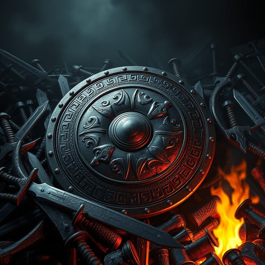 Medieval Fantasy Shield Amidst Battle Worn Swords and Pikes...