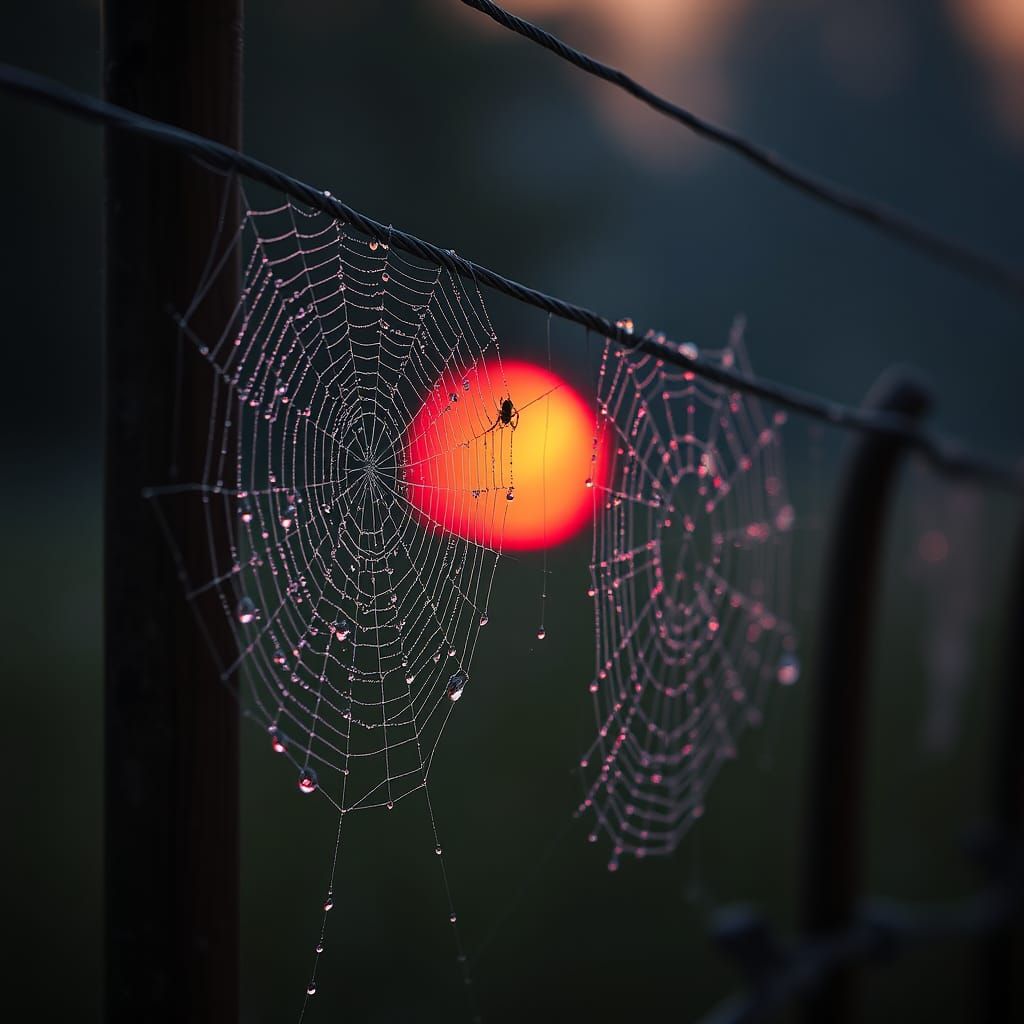 Sunrise Dew Drops on Electric Fence Spiderwebs