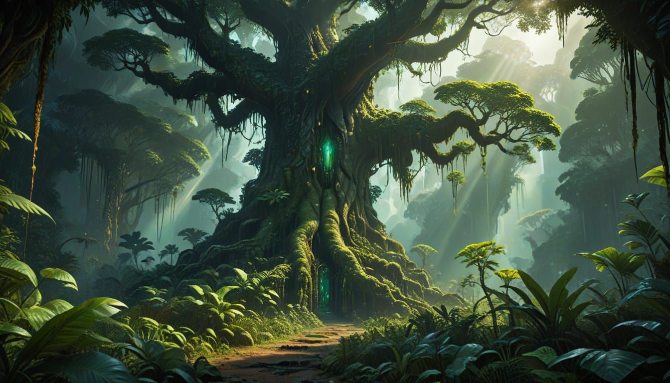 Colossal Sentient Tree in Lush Rainforest, Fantasy Art