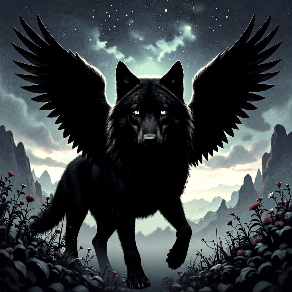 Flying Crowned Wolf in Dark Apothic Setting