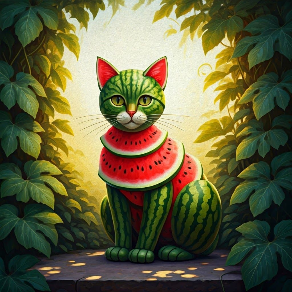 Watermelon Whimsy Cat in Summer Garden