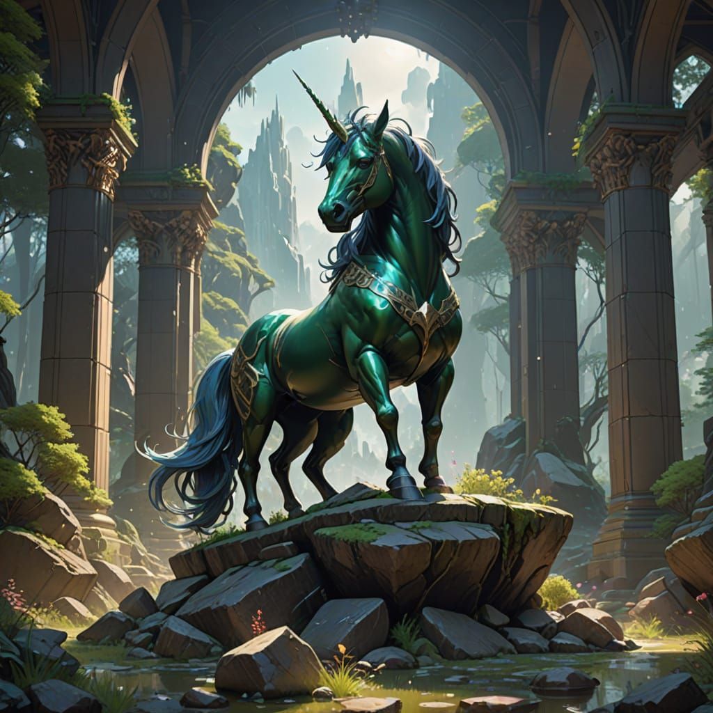 Fantasy Stage Act: Emerald Unicorn in Anime Style