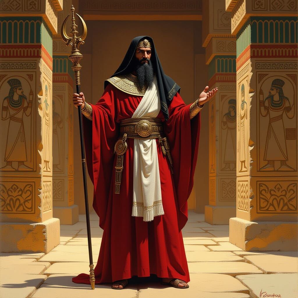 Ancient Assyrian Priest in Red Robe Holding Gold Staff