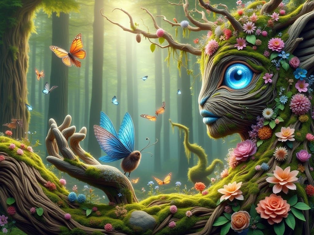 Enchanted Tree Ent Playing with Butterflies