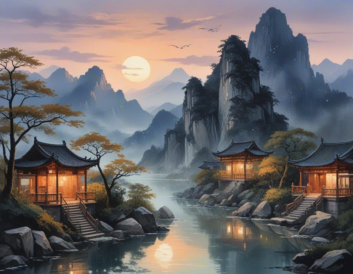 Ethereal Chinese Moonlit Landscape in Dreamy Watercolor Styl...