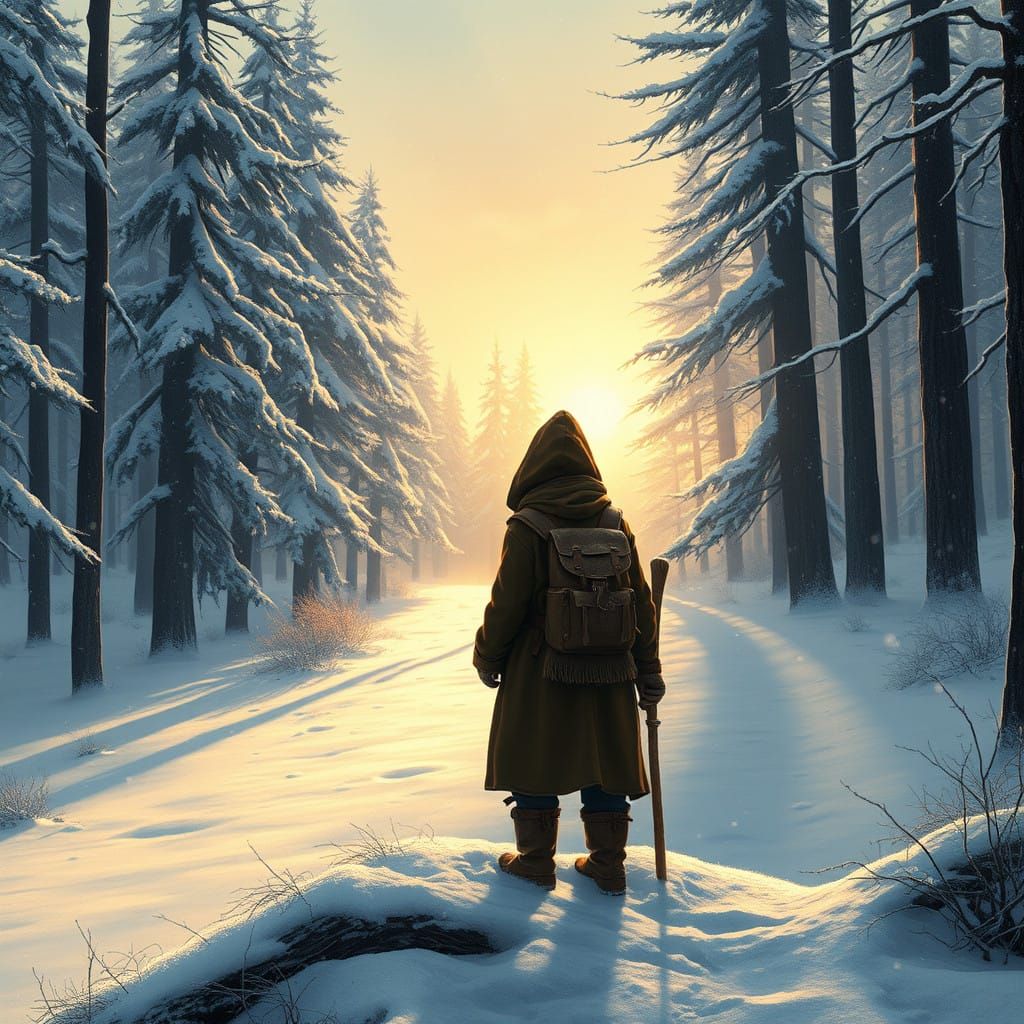 Mystic Wanderer in Earth-Toned Cloak Stands Amidst Snowy For...