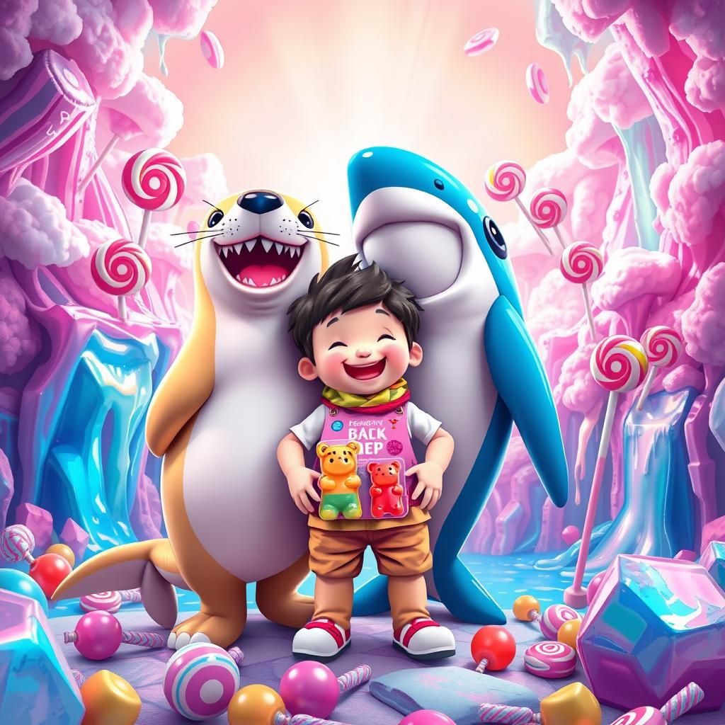Joyful Seal-Dog-Shark Hybrid in Candyland, Digital Illustrat...