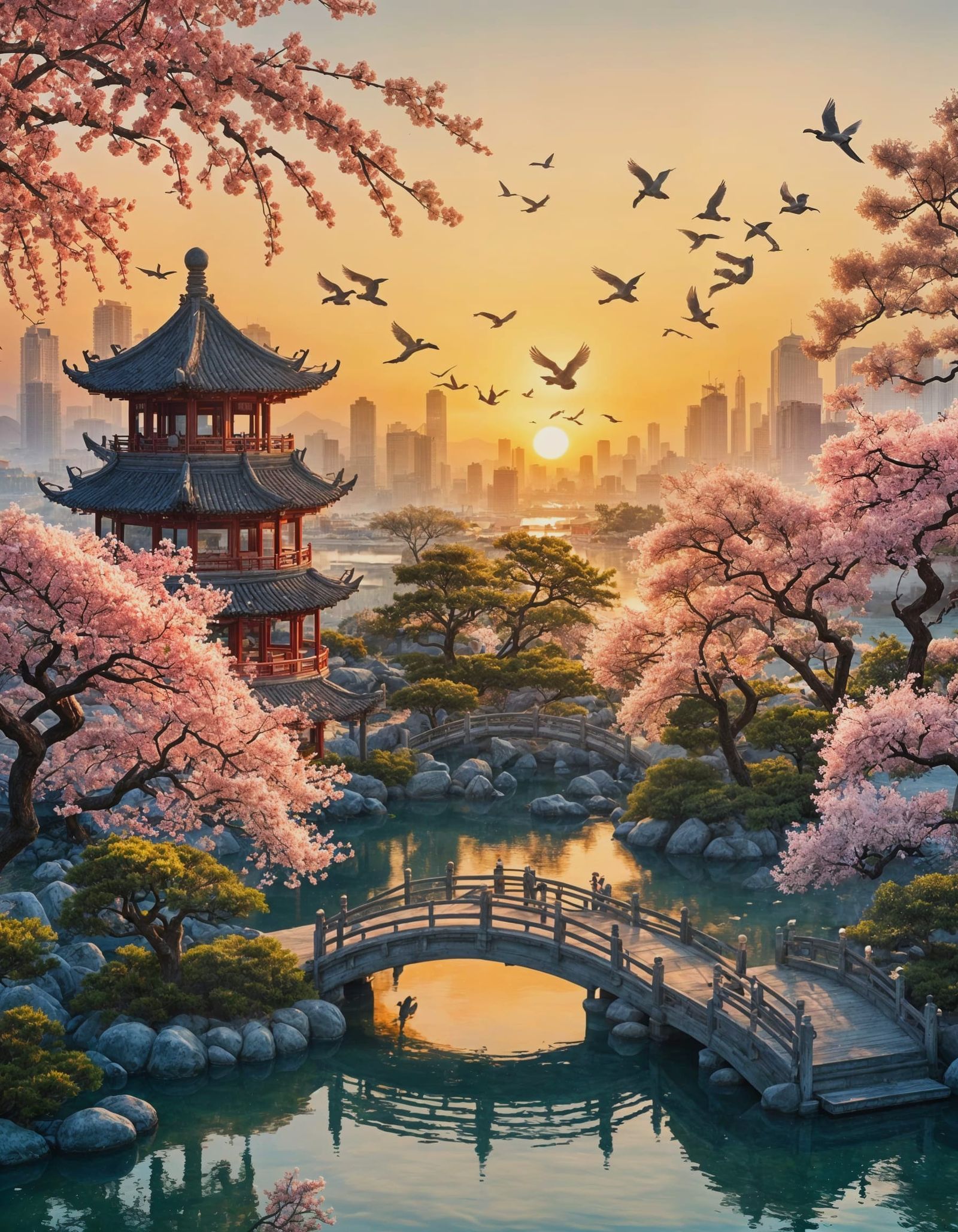 Serene Chinese Garden at Sunset, Birds Eye View