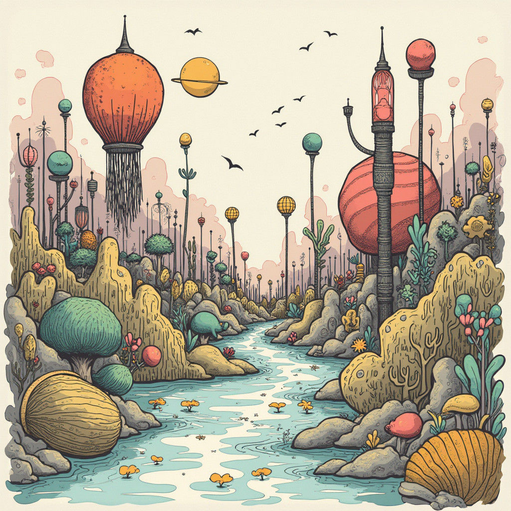 Dreamlike Doodle World in Black Ink on White Paper